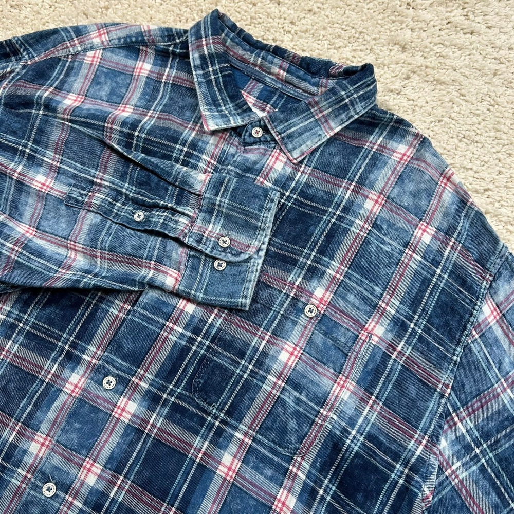 Tommy Bahama Button Up Shirt 3XLB 3XB Blue Plaid Acid Wash Flannel Long Sleeve
